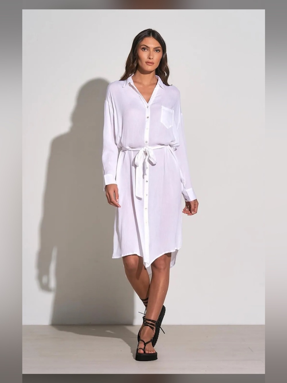 White Button-Front Shirt Dress with Tie Waist swimsuit cover up dress